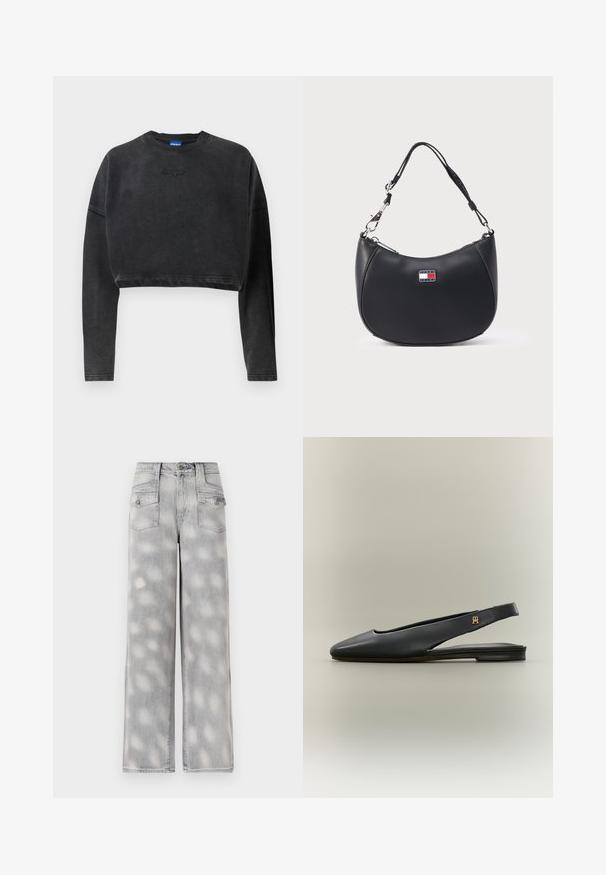 Afskåret sort sweatshirt i blødt stof, med ribbet halsudskæring og manchetter, samt et subtilt prægede logo på fronten.; Lys grå denim brede bukser med høj talje, fire lommer og et falmet mønster for en afslappet pasform.; Sort læder slingback flad sko med spids tå og guldt logo accent på remmen, vist på en neutral baggrund.; Sort skuldertaske i læder med en buet form, sølvfarvet hardware og et markant logo-patch med blå, rød og hvid farve.
