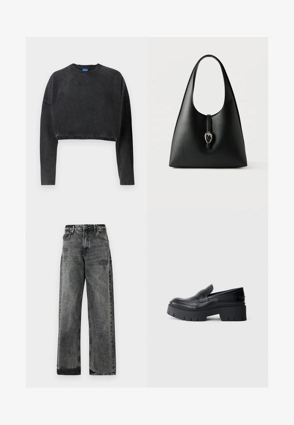 Afskåret sort sweatshirt i blødt stof, med ribbet halsudskæring og manchetter, samt et subtilt prægede logo på fronten.; Bredde ben sorte denimjeans med en falmet vask, slidte detaljer foran og standard fem-lomme design.; Sort klodset platform loafers med glat læderoverdel, dekorativ rem og tyk struktureret sål på hvid baggrund.; Sort læderhåndtaske med et enkelt håndtag og en sølvspænde med remlukning på en hvid baggrund.