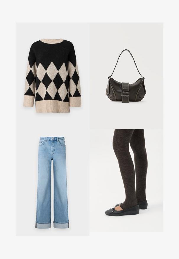 Sort og creme sweater med diamantmønster, rund halsudskæring, brede ærmer og struktureret strikfinish.; Lyseblå, vide jeans i klassisk denim med høj talje, prydet med opbrettede kanter og synlig søm.; Ben iført mørke ribbede leggings kombineret med sorte balletsko med små sløjfedetaljer på hvid baggrund.; Sort læder skuldertaske med spænde på remmen, afrundede kanter og kontrasterende hvide syninger på en ensfarvet baggrund.