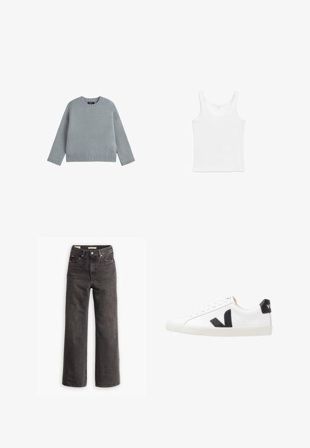 Pull en tricot gris clair avec un col rond, des épaules tombantes, des poignets et un ourlet côtelés. Présente un motif texturé sur l'ensemble.; Débardeur blanc sans manches avec encolure ronde, posé à plat sur fond blanc.; Jeans taille haute et coupe large en denim gris foncé, avec des poches avant, des rivets en cuivre contrastants et une finition épurée sans embellissements.; Baskets blanches avec un logo V noir, présentant un dessus en cuir lisse, un bout rond, un système de laçage et un empiècement au talon noir contrastant.
