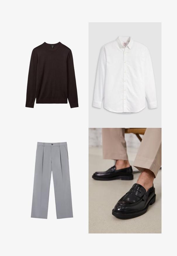 Reiss REISS - Svetrík - dark bordeaux; Biela bavlnená košeľa s dlhými rukávmi, golierovým výstrihom a zaobleným spodným lemom. Má žlté gombíky a jemné logo.; Sivé plisované nohavice s voľným strihom, vyrobené z ľahkej látky. Obsahujú predné vrecká a zapínanie na gombík v páse.; Čierne kožené poltopánky s hladkým povrchom, so zdobným remienkom a kontrastným prešívaním, skombinované s béžovými nohavicami.
