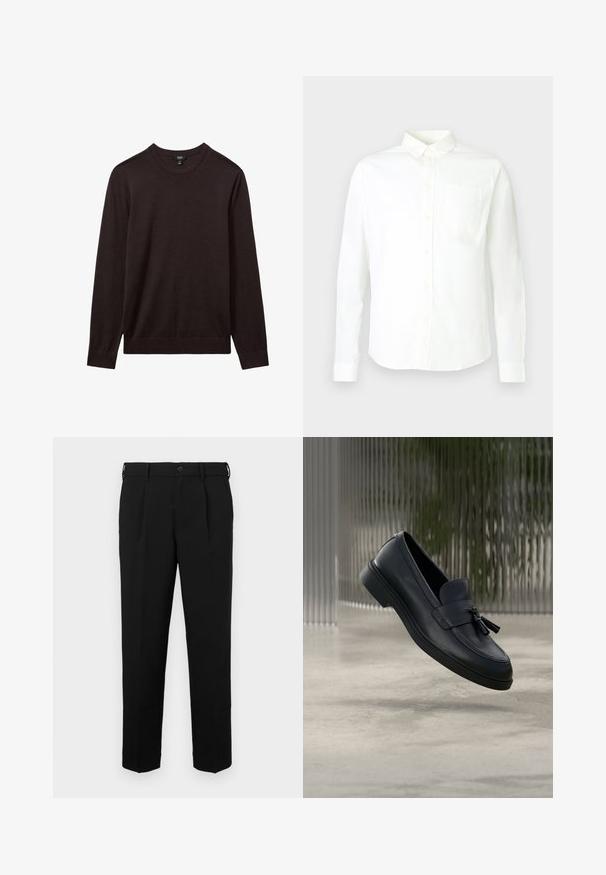 Reiss REISS - Jersey de punto - dark bordeaux; Camisa blanca de manga larga con botones, hecha de algodón, con cuello puntiagudo y un solo bolsillo en el pecho izquierdo. Textura suave.; Pantalones negros con corte recto, que cuentan con cierre de botón, trabillas para cinturón, pliegues laterales y una textura suave. Sin bolsillos visibles.; Mocasines de cuero negro con textura suave, punta redondeada y borlas decorativas en el frente. Suela de goma flexible con tacón bajo.