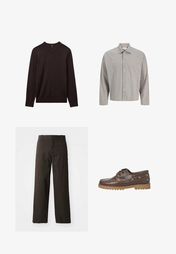 Reiss REISS - Striktrøje - dark bordeaux; Rutet button-up skjorte i dæmpede farver med spread krave, lange ærmer, en brystlomme og en afslappet pasform. Blend af bomuld.; Sorte bomuldsbukser med et lige ben-design, der har en knaplukning og et klassisk taljehåndter. Glat tekstur, ingen mønstre eller accenter.; Brun læder bådsko med snørelukning foran, gummi sål med slidstærkt mønster og kontrastsyning på hvid baggrund.