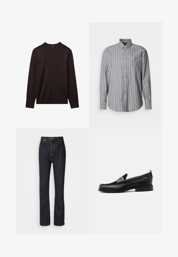 Reiss REISS - Svetrík - dark bordeaux; Sivá košeľa na zapínanie s bielymi vertikálnymi pruhmi, dlhými rukávmi a golierom. Na hrudi je malá logo. Materiál bavlna.; Vysoké čierne denims nohavice so zapínaním na gombík a zips, predné a zadné vrecká a rovný strih.; Čierny kožený mokasín so sivým remienkom, nízkym podpätkom a textúrovanou podrážkou, so značkou "HUGO" v zlatej farbe na boku.