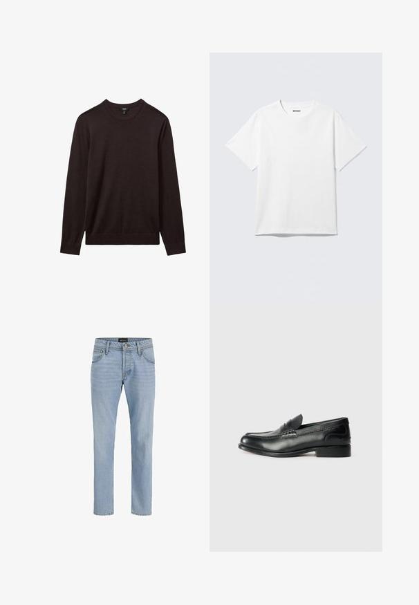 Reiss REISS - Svetrík - dark bordeaux; Biely krátky rukáv tričko s okrúhlym výstrihom, na rovine, jednoduchý dizajn, so štítkom "WEEKDAY" vo vnútri goliera na svetlom pozadí.; Svetlo modré denimové džínsy so slim fit strihom, dizajnom s piatimi vreckami, jemnou vyblednutou textúrou a kovovým hardvérom na zips a zatváraní na gombík.; Čierne kožené loafers s hladkým povrchom, prešívaním cez vampus a mierne vyvýšeným podpätkom.