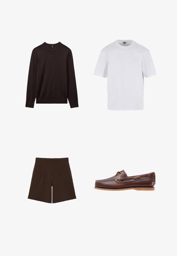 Reiss REISS - Pullover - dark bordeaux; T-shirt blanc à manches courtes en coton. Il présente un col rond et une coupe décontractée. Texture lisse, design minimaliste, sans motifs ni accents.; Shorts marron foncé coupés au genou, cintrés avec passants de ceinture et plis sur le devant, présentés à plat sur fond blanc.; Chaussure bateau en cuir marron avec coutures blanches, détails de lacets et semelle en caoutchouc beige, vue de côté sur fond blanc.