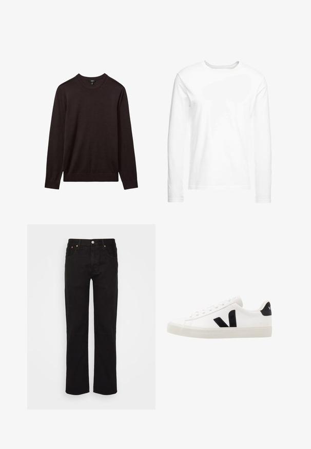 Reiss REISS - Striktrøje - dark bordeaux; Langærmet hvid t-shirt lavet af blød bomuld. Rund halsudskæring med lige skårne kanter og ingen synlige mønstre eller grafikker.; Sorte lige ben jeans lavet af bomuld. Har fem lommer, en metalknap og orange syninger fortil.; Hvide lædersneakers med sorte ruskindsdetaljer; har en gummisål, rund tå og klassisk snørebåndsdesign. Side logo i sort.