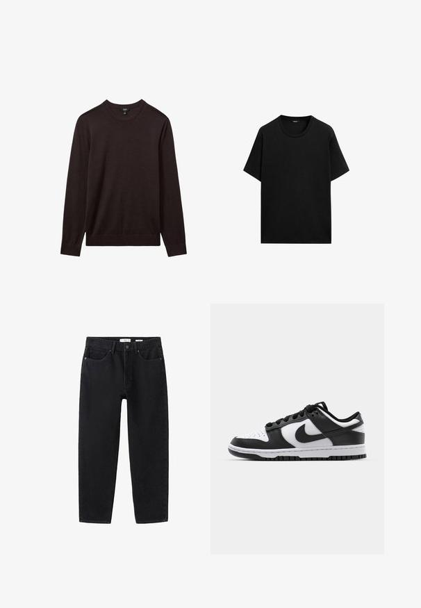 Reiss REISS - Striktrøje - dark bordeaux; Sort kortærmet T-shirt lavet af bomuldsstof, med en rund halsudskæring og en afslappet pasform. Ingen mønstre eller accenter synlige.; Sorte denimjeans med lige ben, foran knaplukning, bæltestropper og fem-lomme design, lagt fladt på hvid baggrund.; Sort og hvid Nike Dunk sneakers med læderoverdel, perforeret tå, sorte snørebånd og en sort gummisål med slidbanedesign.