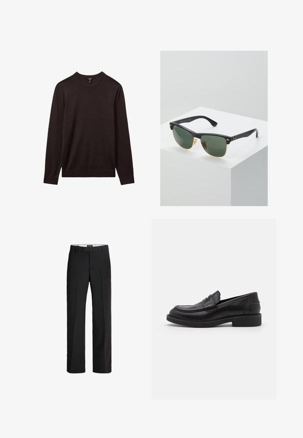 Reiss REISS - Svetrík - dark bordeaux; Čierne nohavice s prispôsobeným strihom; majú plochý predný diel, dve bočné vrecká a jemnú textúru; vyrobené z ľahkého, priedušného materiálu.; Čierne kožené mokasíny s okrúhlou špičkou, tonálnym prešívaním a pásom detailu vpredu. Gumená podrážka s nízkym opätkom.; Slnečné okuliare Ray-Ban so zelenými sklami, čiernymi plastovými rámami a zlatými akcentami na okrajoch. Štvorcový tvar s matným povrchom.