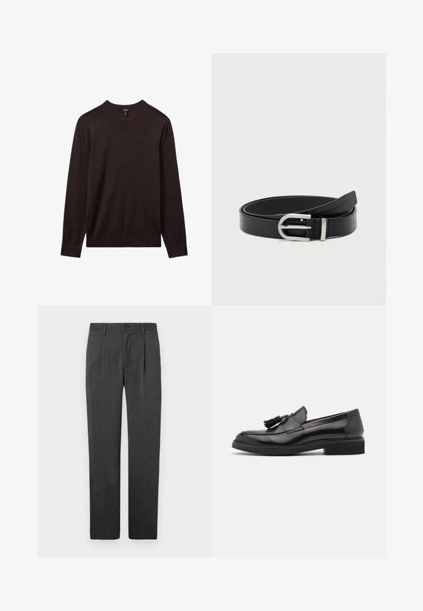 Reiss REISS - Jersey de punto - dark bordeaux; Pantalones grises ajustados con un corte recto, que presentan un plisado frontal, cremallera y cierre de botón. Textura suave, diseño clásico.; Mocasines de cuero negro con detalles en borla, puntera redondeada y suela texturizada. Presentan un acabado suave y un diseño minimalista.; Cinturón de cuero sintético negro con textura de cocodrilo y hebilla redonda plateada, enrollado sobre un fondo blanco liso.