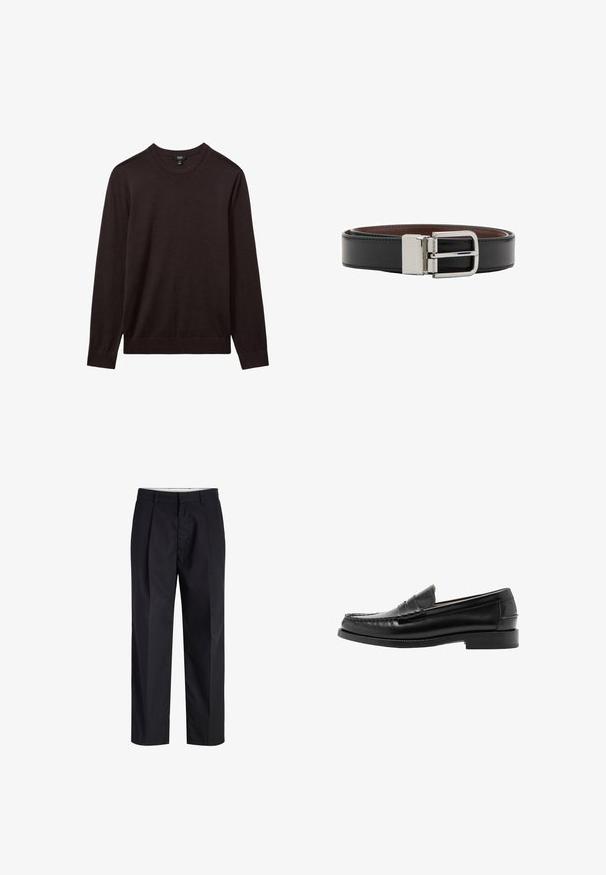 Reiss REISS - Jersey de punto - dark bordeaux; Pantalones negros de tiro recto con cinturilla, trabillas, cremallera frontal y bolsillos laterales mostrados sobre un fondo blanco.; Mocasín penny de cuero negro con puntera mocasín cosida, tacón bajo y acabado liso y pulido, mostrado de lado sobre fondo blanco.; Cinturón de cuero negro con hebilla metálica plateada, enrollado con forro interior marrón liso y bordes cosidos.