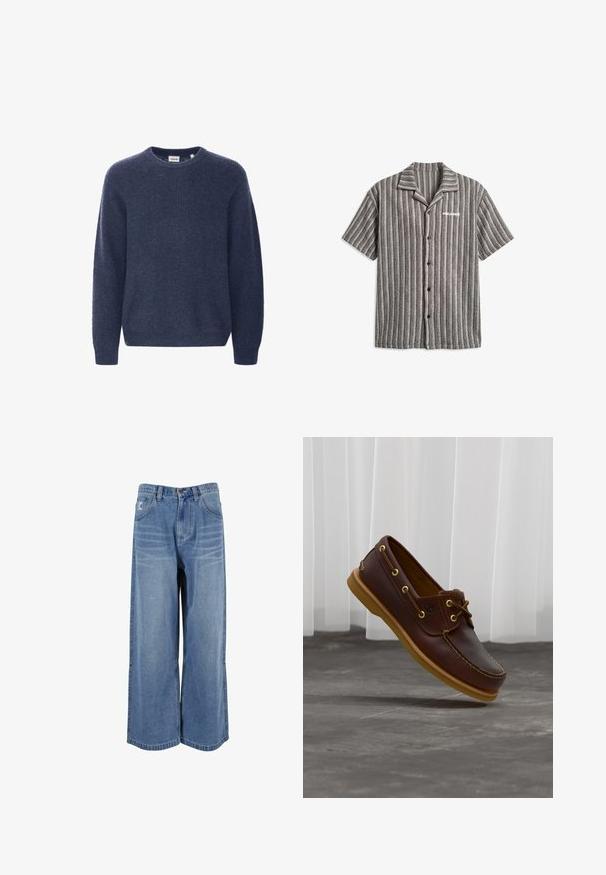 Suéter de punto azul marino con cuello redondo, mangas largas y textura acanalada. Fabricado con un tejido suave y acogedor.; Camisa de manga corta con botones, con rayas verticales negras y blancas y un pequeño logo blanco "Prada" en el pecho izquierdo.; Jeans de denim azul de pierna ancha con una cintura alta, bolsillos frontales y detalles cosidos en las piernas. Acabado texturizado y desvanecido con un ajuste relajado.; Zapato náutico de cuero marrón con suela y cordones color canela, flotando sobre un piso de concreto gris con cortinas blancas translúcidas en el fondo.