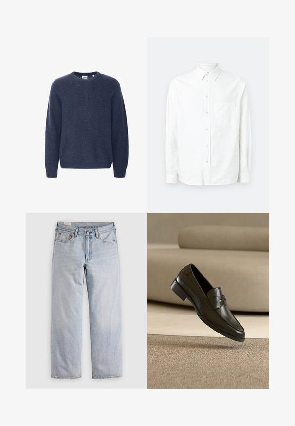 Suéter de punto azul marino con cuello redondo, mangas largas y textura acanalada. Fabricado con un tejido suave y acogedor.; Camisa blanca de manga larga y botones, hecha de una tela ligera. Presenta un bolsillo frontal, cuello clásico y una textura sutil.; Jeans rectos azul claro con cintura alta, cierre de botón y bolsillos delanteros y traseros, exhibidos sobre una superficie plana.; Zapato mocasín de cuero negro flotando sobre una alfombra beige con un sofá beige en el fondo, mostrando el diseño clásico para hombres sin cordones.