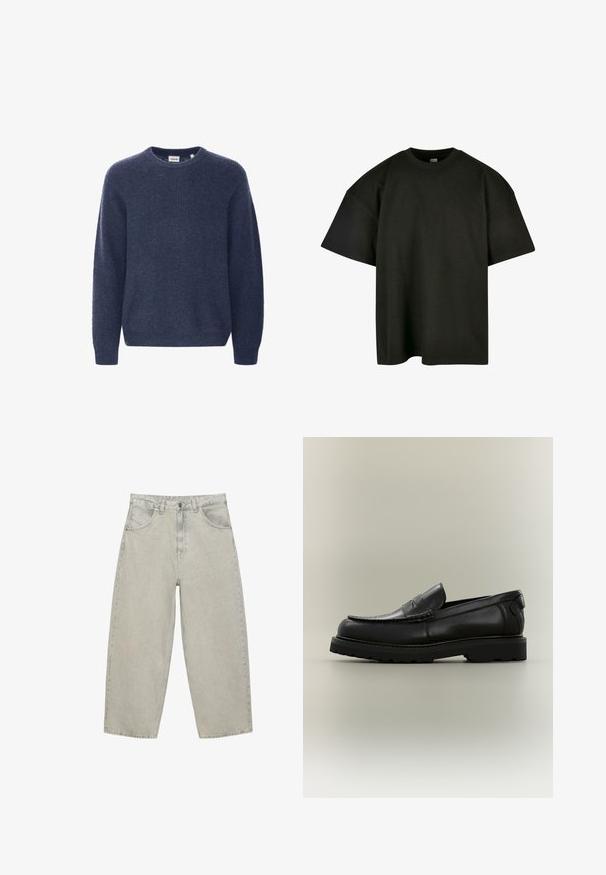 Mørkeblå strikket sweater med rund halsudskæring, lange ærmer og ribbestrik. Fremstillet af blødt, hyggeligt stof.; Sort oversized t-shirt i blød bomuld. Har en rund crew neckline og korte ærmer, med en glat tekstur og minimalistisk design.; Lysegrå vidde jeans i denim med forlommer, bæltestropper og knaplukning, vist fladt på en hvid baggrund.; Sort læderloafer med en tyk gummisål, penny remdetalje og syning på mokkatoe-designet mod en neutral baggrund.