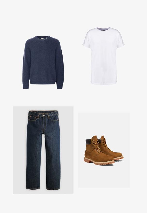 Pull en tricot bleu marine avec un col rond, des manches longues et une texture côtelée. Fabriqué à partir d'un tissu doux et confortable.; T-shirt blanc uni à manches courtes avec poignets retroussés et col rond, présenté sur fond blanc.; Jean en denim bleu foncé avec une coupe droite. Comprend cinq poches, des surpiqûres contrastantes et une fermeture à bouton à la taille.; Bottines en daim marron avec un col rembourré noir, œillets dorés et semelle en caoutchouc épais avec un motif à crampons pour l'adhérence.