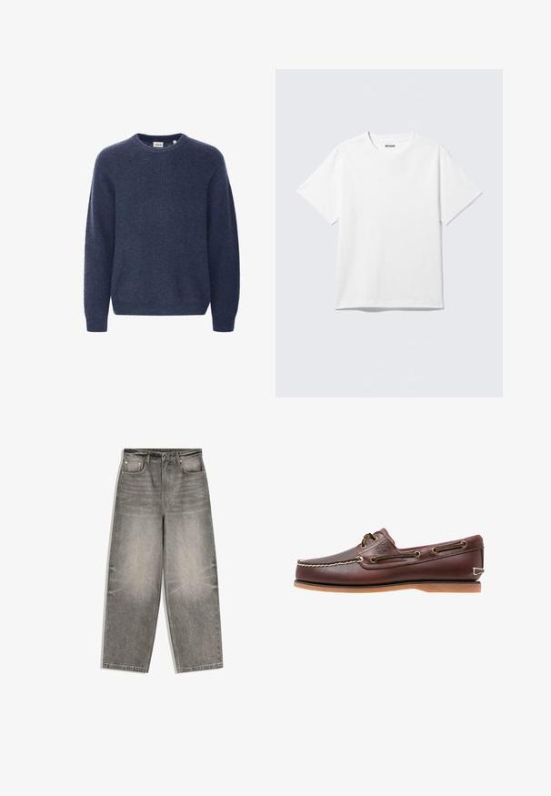 Mørkeblå strikket sweater med rund halsudskæring, lange ærmer og ribbestrik. Fremstillet af blødt, hyggeligt stof.; Hvid kortærmet crewneck T-shirt lagt fladt ud, ensfarvet design, med "WEEKDAY" mærkat inde i kraven på en lys baggrund.; Grå denimjeans med vide ben, frontknap, lynlåslukning, bæltestropper og fem-lomme design lagt fladt på en hvid baggrund.; Brun læder bådsko med hvide sømme, snøre detaljer og lysbrun gummisål, vist fra siden på hvid baggrund.