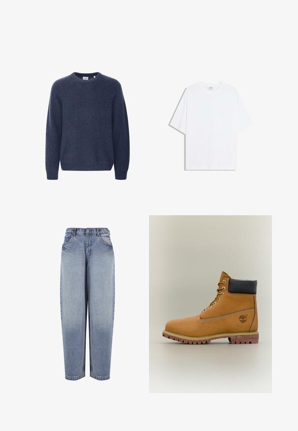 Mørkeblå strikket sweater med rund halsudskæring, lange ærmer og ribbestrik. Fremstillet af blødt, hyggeligt stof.; Hvid oversized bomulds t-shirt med rund hals og korte ærmer; glat tekstur, uden synlige mønstre eller accenter.; Blå high-waisted løstsiddende jeans med forlommer, bæltestropper, knaplukning og falmede detaljer langs benene.; Brun læderankelstøvle med sort krave, gule snørebånd og tanfarvet sål. Har logo og hvide syninger som detalje. Robust ydersål med greb.