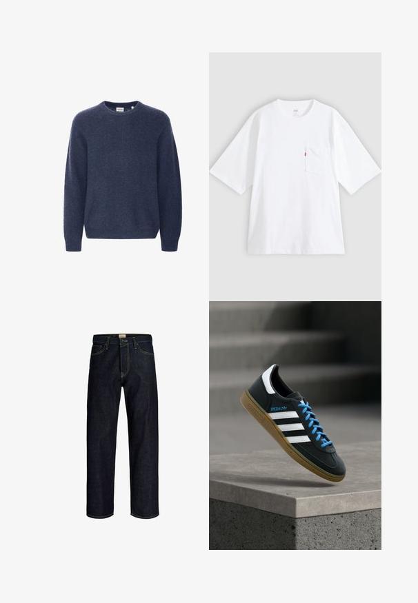 Suéter de punto azul marino con cuello redondo, mangas largas y textura acanalada. Fabricado con un tejido suave y acogedor.; Camiseta blanca de algodón con mangas cortas, cuello redondo y bolsillo en el pecho izquierdo. Presenta una pequeña etiqueta con logo rojo en el bolsillo.; Vaqueros azul oscuro de pierna recta con costuras amarillas, cierre frontal de botón y cremallera, y diseño de cinco bolsillos.; Zapatilla negra Adidas con franjas blancas, cordones azules y suela de goma flotando sobre un escalón de hormigón gris con luz suave.