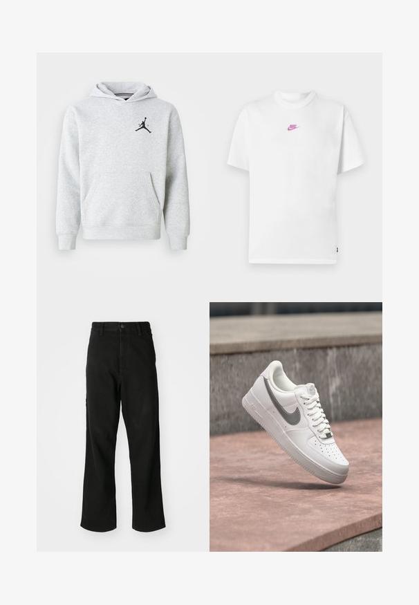 Lys grå hættetrøje lavet af blødt stof, med en front kangaroo lomme og et sort Jordan-logo på brystet. Regular fit med hætte.; Hvid Nike t-shirt med korte ærmer, lille pink logo centreret på brystet og rund hals.; Sort lige ben jeans med knaplukning, bæltestropper og forlommer på en ensfarvet hvid baggrund.; Hvid Nike Air Force 1 sneaker med gråt swoosh-logo svævende over en stensurface og en grå stenvæg i baggrunden.