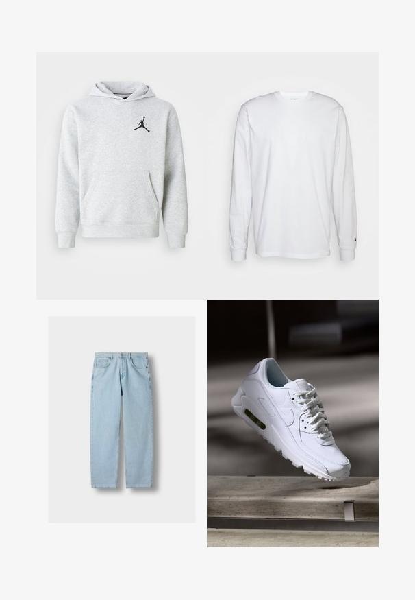 Lys grå hættetrøje lavet af blødt stof, med en front kangaroo lomme og et sort Jordan-logo på brystet. Regular fit med hætte.; Hvid langærmet T-shirt lavet af bomuld. Rund halsudskæring med ribbede manchetter og et lille logo på venstre ærme. Glat tekstur.; Lyseblå lige denimjeans med forlommer, bæltestropper og knaplukning på en grå baggrund.; Hvide lædersneakers med teksturerede overflader, polstret krave og synlig luftpolstring i sålen. Har snørrebånd og et minimalistisk design.