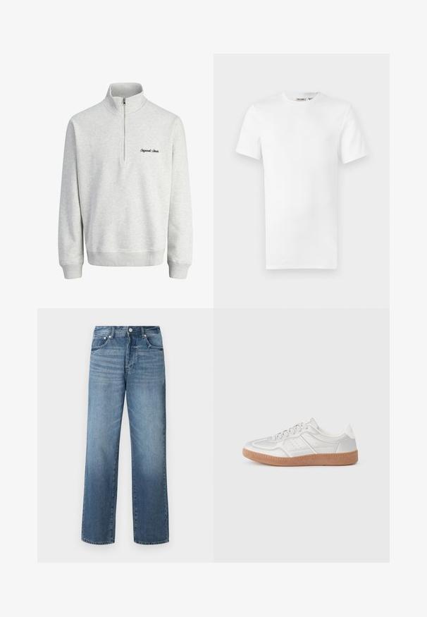 Lys grå sweatshirt med halv-zip krave og "Original Studio" broderet i sort på forsiden, vist mod en hvid baggrund.; Hvid, kortærmet T-shirt med rund hals og et lille brandlabel inde i kraven, vist på en hvid baggrund.; Blå denimjeans med lige ben, med en falmet vask, bælteløkker, fem lommer og en klassisk knaplukning.; Sølv sneakers med en glat overflade, snørebånd, perforerede detaljer og en struktureret brun gummi sål.