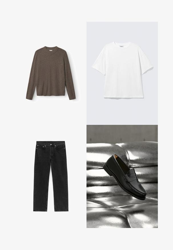 Suéter marrón de punto con escote redondo, mangas largas y dobladillo acanalado. Textura suave con un detalle mínimo y sin herrajes visibles.; Camiseta blanca de gran tamaño con mangas cortas, cuello redondo y hombros caídos, plana sobre fondo gris claro.; Vaqueros negros de pierna recta con botón y cremallera frontal, diseño de cinco bolsillos y remaches metálicos en los bolsillos delanteros.; Zapato mocasín de cuero negro flotando sobre un sofá plateado brillante con tapizado capitoné de cuero en un ambiente minimalista.