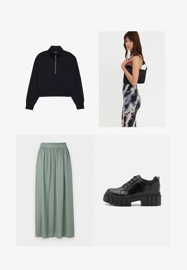 Pull noir court en matériau doux, avec un col haut, une fermeture éclair sur le devant avec un tirette en argent, et des poignets et un ourlet côtelés.; Jupe maxi en tissu vert doux, dotée d'une taille élastiquée et d'un design fluide. Texture lisse sans motifs ou détails marquants.; Chaussures à plateforme en cuir noir avec un talon bloc épais, bout rond et un design traditionnel à lacets. Elles présentent une texture lisse et un détail minimal.; Sac à épaule noir en matelassé avec une seule sangle et des accessoires en argent, associé à une robe ajustée à motif tie-dye dans des teintes de noir et de crème.