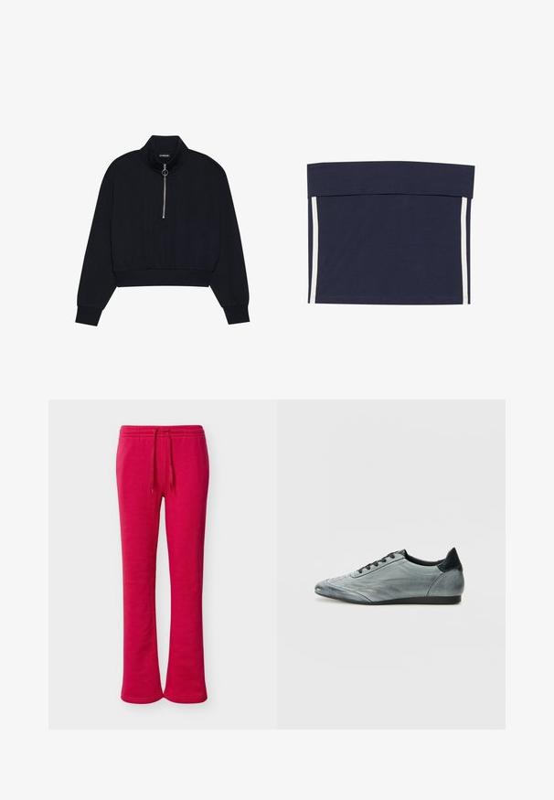Schwarzer, verkürzter Pullover aus weichem Stoff mit hohem Kragen, einem Frontreißverschluss mit silbernem Zug und gerippten Bündchen und Saum.; Marineblaues, cropped Top mit weitem, gebändigtem Ausschnitt. Verfügt über vertikale weiße Streifen entlang beider Seiten. Hergestellt aus weichem, dehnbarem Material.; Helle, pinke Jogginghosen mit Kordelzug, elastischem Bund und geradem Bein, dargestellt vor einem schlichten, hellen Hintergrund.; Hellgraue Leder-Sneaker mit einem schlanken Design, ausgestattet mit genieteten Details, schwarzen Schnürsenkeln und einem dunklen Fersenakzent. Gummisohle.
