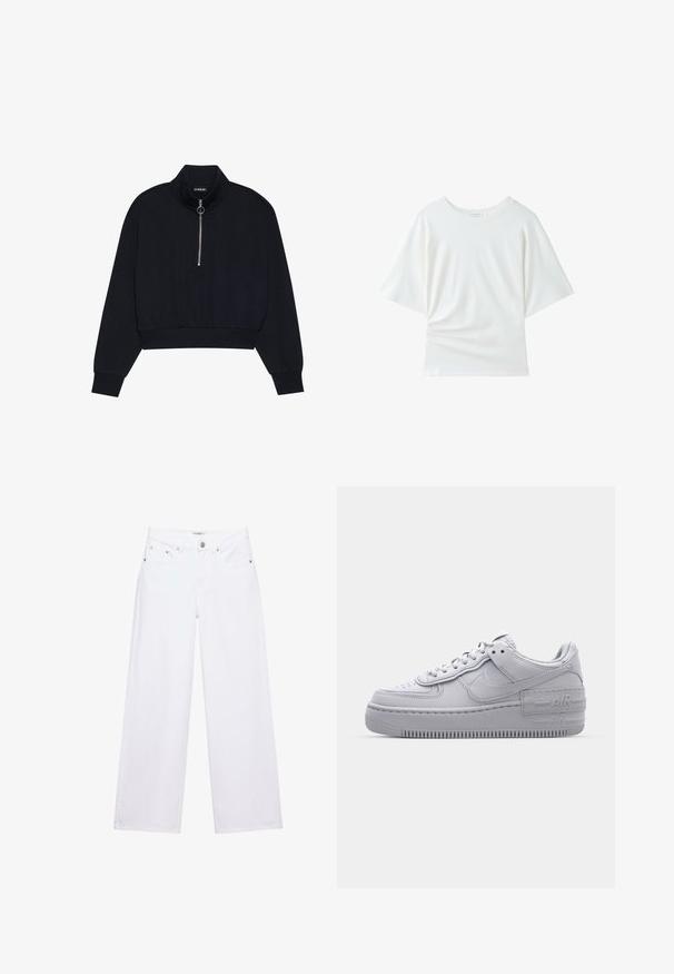 Sort cropped pullover lavet af blødt stof, med en høj krave, en frontlynlås med en sølvfarvet træk, og ribbede manchetter og kant.; Enkelt hvid T-shirt med korte ærmer, rund hals, afslappet pasform og svage folder i stoffet nær den nederste venstre side.; Hvide jeans med høj talje og vide ben med knap- og lynlåslukning, for- og baglommer samt sølvfarvede nitter som detaljer.; Grå Nike Air Force 1 sneakers med perforeret tå, glat læderoverdel, tyk sål og præget 'AIR' detalje på hælen.