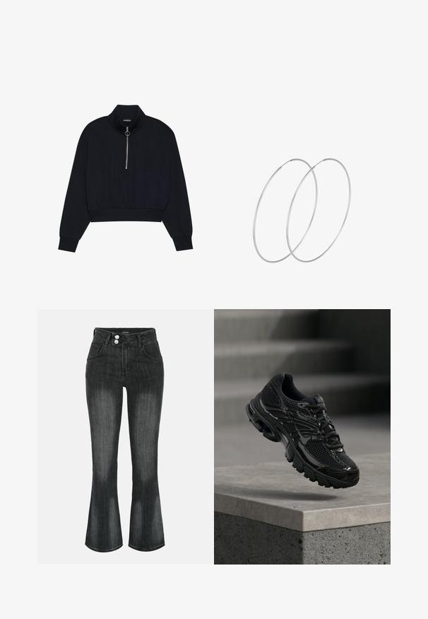 Schwarzer, verkürzter Pullover aus weichem Stoff mit hohem Kragen, einem Frontreißverschluss mit silbernem Zug und gerippten Bündchen und Saum.; Schwarze gewaschene Denim-Jeans mit hoher Taille, Doppelknopfverschluss, Vordertaschen und leicht ausgestellten Beinen.; Schwarzer Nike Laufschuh mit Mesh- und Synthetik-Obermaterial, der über einer Betonfläche und Treppen im Hintergrund schwebt.; Silberne Creolen mit minimalistischem Design. Rundform, glatte Oberfläche und dünnes Profil. Leichtgewichtig mit hochglänzender Oberfläche.