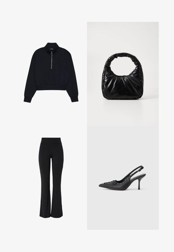 Zwarte cropped pullover van zacht materiaal, met een hoge kraag, een voorzipper met een zilveren trekker en geribde manchetten en zoom.; Zwarte high-waist stretchbroek met iets uitlopende pijp en een glad, naadloos ontwerp tegen een witte achtergrond.; Zwarte leren slingback stiletto met spitse neus, zijgesp met gesp, studs langs de rand en decoratieve veters aan de voorkant.; Zwarte gevoerde handtas met een ronde handgreep, met een gladde, glanzende oppervlakte en een zachte, gewatteerde textuur. Geen zichtbare metalen onderdelen of accenten.
