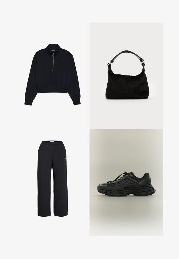 Schwarzer, verkürzter Pullover aus weichem Stoff mit hohem Kragen, einem Frontreißverschluss mit silbernem Zug und gerippten Bündchen und Saum.; Schwarze Sweatpants mit geradem Bein, elastischem Bund und kleinem weißem Logo am oberen Oberschenkel, entworfen für den lässigen Gebrauch.; Schwarzer klobiger Sneaker mit Blumenmuster, dicker, strukturierter Sohle und Schnürverschluss mit Kordelstopper, im Profil auf einfachem Hintergrund gezeigt.; Schwarze Kunstfell-Handtasche mit weicher Textur, runder Form und einem stabilen schwarzen Leder-Schulterriemen. Sichtbare silberne Hardware-Akzente.
