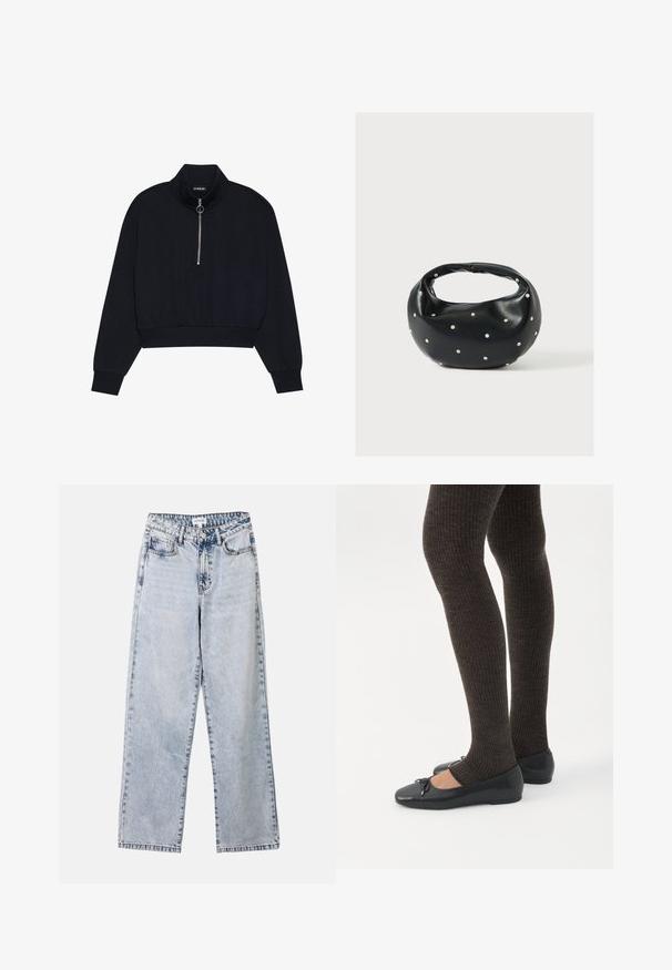 Sort cropped pullover lavet af blødt stof, med en høj krave, en frontlynlås med en sølvfarvet træk, og ribbede manchetter og kant.; Lysblå lige ben jeans lavet af denim, med to frontlommer, en knaplukning og kontraststing langs sømmene.; Ben iført mørke ribbede leggings kombineret med sorte balletsko med små sløjfedetaljer på hvid baggrund.; Sort læderhåndtaske med en rundet form, dekoreret med sølvnitter, og et kort håndtag. Glat tekstur og lynlåslukning.