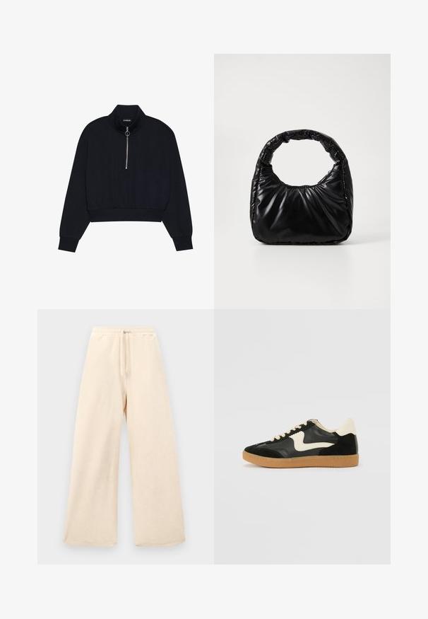Pull noir court en matériau doux, avec un col haut, une fermeture éclair sur le devant avec un tirette en argent, et des poignets et un ourlet côtelés.; Pantalons à jambes larges en beige clair, fabriqués dans un tissu texturé. Dotés d'une taille élastique avec cordon de serrage. Design simple et sans embellissement.; Baskets en daim et cuir noir avec un swoosh latéral crème et un talon crème clair. Dotées de lacets beige et d'une semelle en caoutchouc gomme.; Sac à main noir rembourré avec une poignée arrondie, présentant une surface lisse et brillante ainsi qu'une texture douce et matelassée. Pas de quincaillerie ou d'accents visibles.