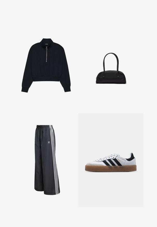 Schwarzer, verkürzter Pullover aus weichem Stoff mit hohem Kragen, einem Frontreißverschluss mit silbernem Zug und gerippten Bündchen und Saum.; Schwarze Sporthose aus leichtem Material, mit drei weißen vertikalen Streifen und einem elastischen Bund mit Kordelzug.; Weiße Leder Sneakers mit schwarzen Streifen, Gummigummi-Außensohle, runder Zehenform, Schnürverschluss und weichem grauem Wildleder-Zehenkappe.; Schwarze Lederhandtasche mit langen, abgerundeten Griffen und einem geschwungenen rechteckigen Körper, ausgestattet mit einem oberen Reißverschluss.