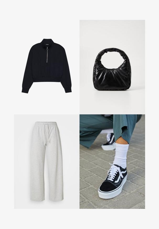 Schwarzer, verkürzter Pullover aus weichem Stoff mit hohem Kragen, einem Frontreißverschluss mit silbernem Zug und gerippten Bündchen und Saum.; Even&Odd Petite by Zalando Jogginghose - mottled light grey; Schwarze Wildledersneaker mit weißen Akzenten und Schnürsenkeln, ausgestattet mit einer dicken weißen Sohle und kontrastierenden Nähten, kombiniert mit einer weißen Socke.; Schwarze gepolsterte Handtasche mit einem runden Griff, die eine glatte, glänzende Oberfläche und eine weiche, gestepfte Textur aufweist. Keine sichtbare Hardware oder Akzente.