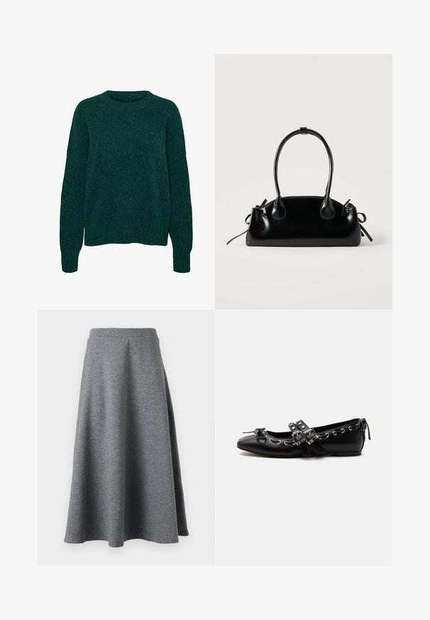 Mørkegrøn uld langærmet sweater med rund hals og ribstrikkede manchetter og kant, ensfarvet strikstruktur.; Grå, knælang nederdel lavet af blødt, strækbart materiale, med en lækker design og en elastisk talje for komfort.; Sort flad balletsko med dobbelt spænde, sølvøjer og en lille sløjfe nær den runde tå på en hvid baggrund.; Lille sort blank håndtaske med to lange håndtag og snøre-detaljer i siden på en ensfarvet lys baggrund.