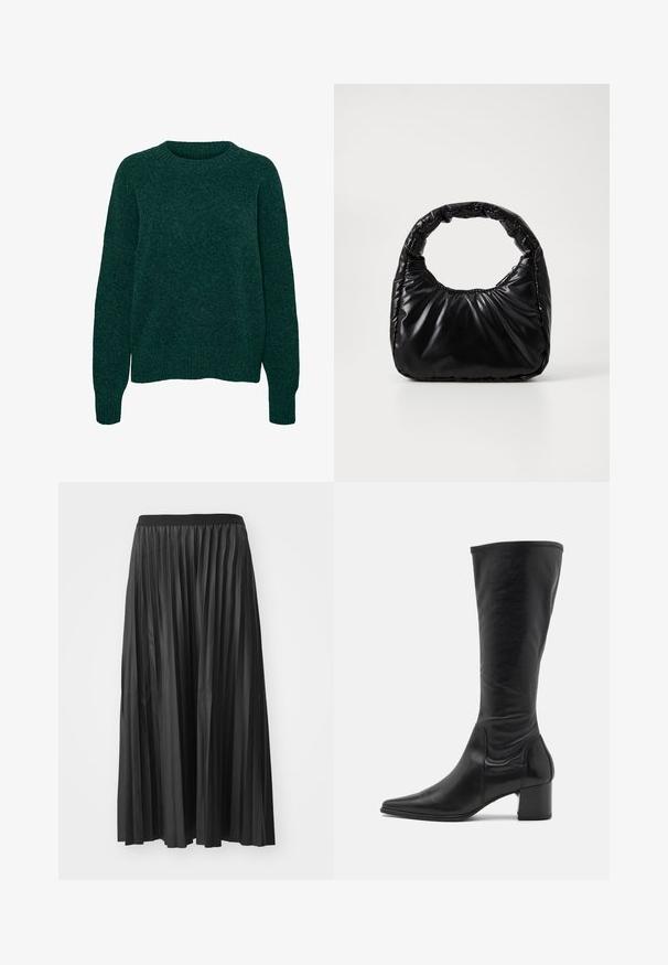Jersey de lana verde oscuro de manga larga con cuello redondo y puños y dobladillo acanalados, con textura de punto liso.; Falda larga negra plisada con una textura suave y cinturilla elástica, que presenta pliegues verticales que crean volumen y movimiento.; Bota de cuero negro hasta la rodilla con punta afilada, detalles de costura mínimos y un tacón cuadrado robusto. Textura lisa con un acabado brillante.; Bolso negro acolchado con un asa redondeada, que presenta una superficie lisa y brillante y una textura suave y acolchada. Sin herrajes ni acentos visibles.