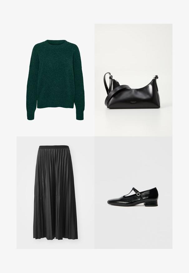 Jersey de lana verde oscuro de manga larga con cuello redondo y puños y dobladillo acanalados, con textura de punto liso.; Falda larga negra plisada con una textura suave y cinturilla elástica, que presenta pliegues verticales que crean volumen y movimiento.; Zapatos Mary Jane de cuero negro con punta puntiaguda, tacón pequeño de bloque y correa ajustable con hebilla plateada. Textura lisa y brillante.; Bolso de mano de cuero negro con una textura suave. Cuenta con una correa ajustable y un diseño elegante y minimalista con cierre de cremallera.