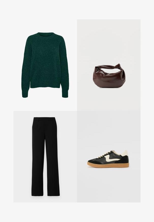 Jersey de lana verde oscuro de manga larga con cuello redondo y puños y dobladillo acanalados, con textura de punto liso.; Pantalones de pierna ancha negros, confeccionados en una tela suave, que presentan un frente plano, dos bolsillos laterales y una cintura ajustada para un aspecto refinado.; Zapatillas de deporte de ante y cuero negro con un swoosh lateral en crema y un talón en crema claro. Presenta cordones beige y una suela de goma marrón.; Bolso de hombro de cuero marrón oscuro con una forma suave y caída, y un asa con nudo torcido sobre un fondo blanco liso.