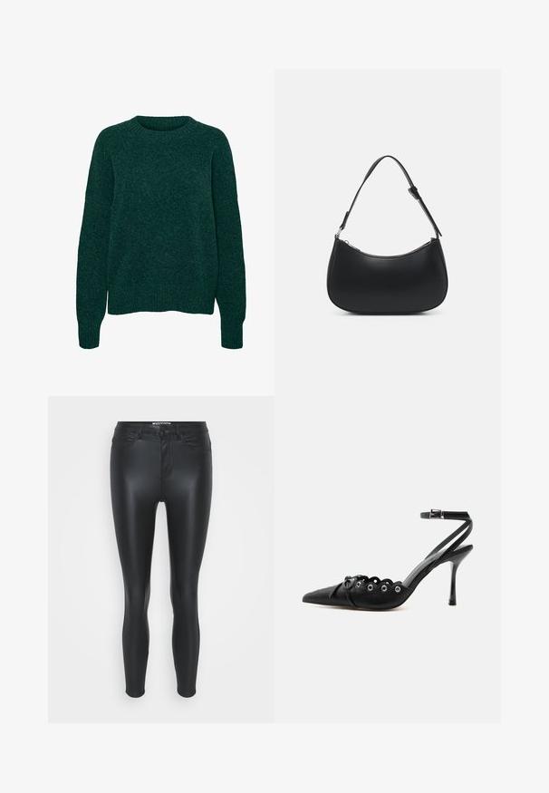 Jersey de lana verde oscuro de manga larga con cuello redondo y puños y dobladillo acanalados, con textura de punto liso.; Leggings de imitación piel negra con un diseño ajustado, estilo de cinco bolsillos y una textura suave y brillante. Contiene cierre frontal con cremallera y botón.; Zapato de tacón alto negro con punta fina, bordes ondulados, ojales metálicos, cordones delanteros y una correa en el tobillo con cierre de hebilla.; Pieces PCALUANA SHOULDER BAG - Bolso de mano - black