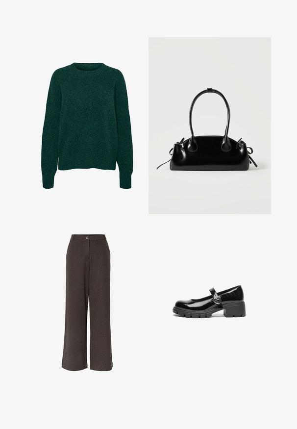 Jersey de lana verde oscuro de manga larga con cuello redondo y puños y dobladillo acanalados, con textura de punto liso.; Pantalones de pierna ancha de talle alto en gris oscuro con cierre frontal de botones y cremallera, confeccionados con tela texturizada.; Zapato Mary Jane de charol negro con tacón grueso, puntera redondeada y una correa que presenta un detalle de hebilla en forma de corazón.; Pequeño bolso negro brillante con dos asas largas y detalles de cordón lateral sobre un fondo claro liso.
