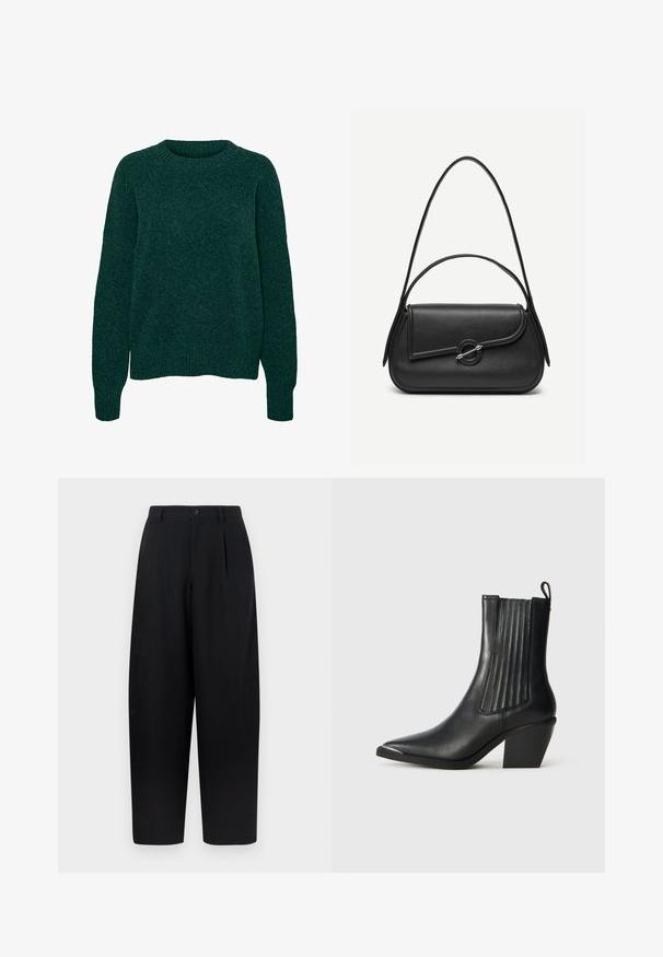 Mørkegrøn uld langærmet sweater med rund hals og ribstrikkede manchetter og kant, ensfarvet strikstruktur.; Sorte bukser med løs pasform, med en frontplissé, knaplukning og lige kanter. Lavet af et glat, letvægtsstof.; Sort læder ankelstøvle med spids tå, ribbede sidepaneler og en kraftig hæl, placeret på en struktureret fliseoverflade.; Sort læderhåndtaske med afrundede kanter, asymmetrisk klap, metalcirkulært spænde samt både korte og lange skulderstropper.