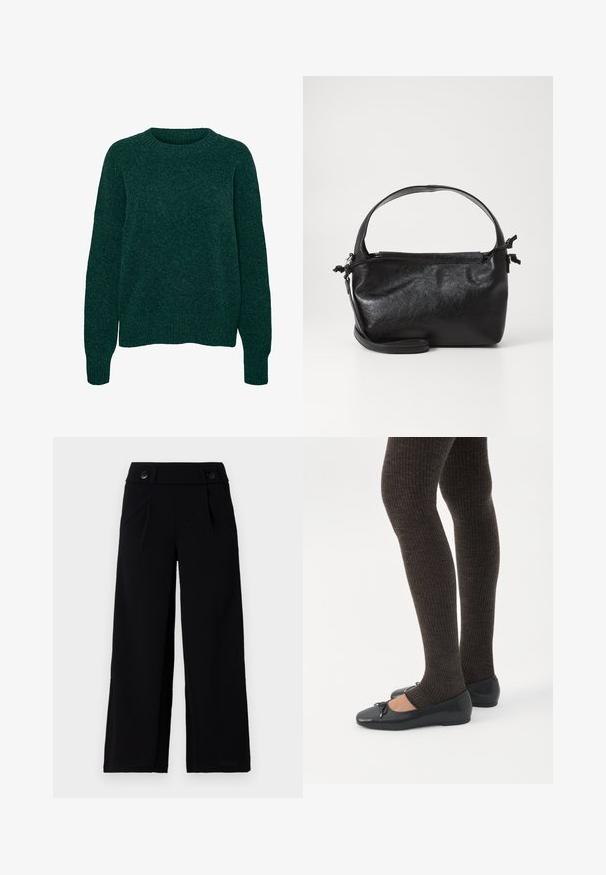 Mørkegrøn uld langærmet sweater med rund hals og ribstrikkede manchetter og kant, ensfarvet strikstruktur.; Sorte bukser med bred benvidde, flad front, sidelommer og to knapper i taljen. Glat stof med en subtil glans.; Ben iført mørke ribbede leggings kombineret med sorte balletsko med små sløjfedetaljer på hvid baggrund.; Sort læderhåndtaske med et struktureret design, rund tophåndtag og aftagelig skulderrem. Den har en glat tekstur og en subtil glans.