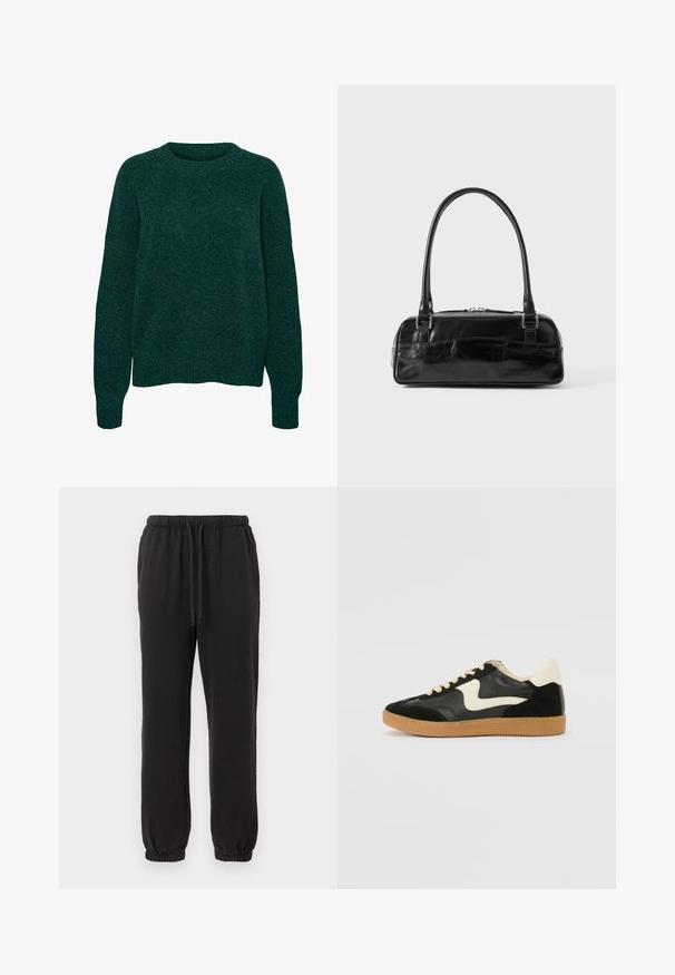 Mørkegrøn uld langærmet sweater med rund hals og ribstrikkede manchetter og kant, ensfarvet strikstruktur.; Sorte sweatpants med elastisk talje og snor. Manchetter ved anklerne. Fremstillet af blød jersey-stof med en glat tekstur.; Sorte ruskinds- og lædersneakers med en cremefarvet side-swoosh og lys cremefarvet hæl. Har beige snørebånd og en gummirubber-sål.; Sort læderhåndtaske med rektangulær form, der har et enkelt struktureret håndtag, sølvhardware og lynlås-lukning. Glat tekstur.