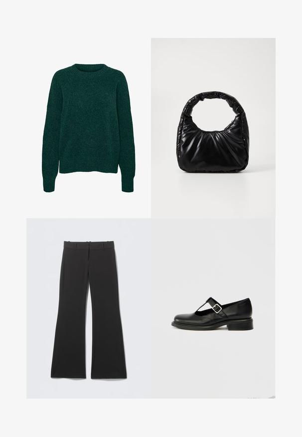 Jersey de lana verde oscuro de manga larga con cuello redondo y puños y dobladillo acanalados, con textura de punto liso.; Pantalones negros acampanados con textura de tela suave, con una cinturilla clásica y cierre frontal oculto. Sin patrones ni detalles visibles.; Zapato Mary Jane de cuero negro con puntera redonda, diseño de tira en T, hebilla ajustable y tacón bajo apilado. Textura suave con detalles mínimos.; Bolso negro acolchado con un asa redondeada, que presenta una superficie lisa y brillante y una textura suave y acolchada. Sin herrajes ni acentos visibles.