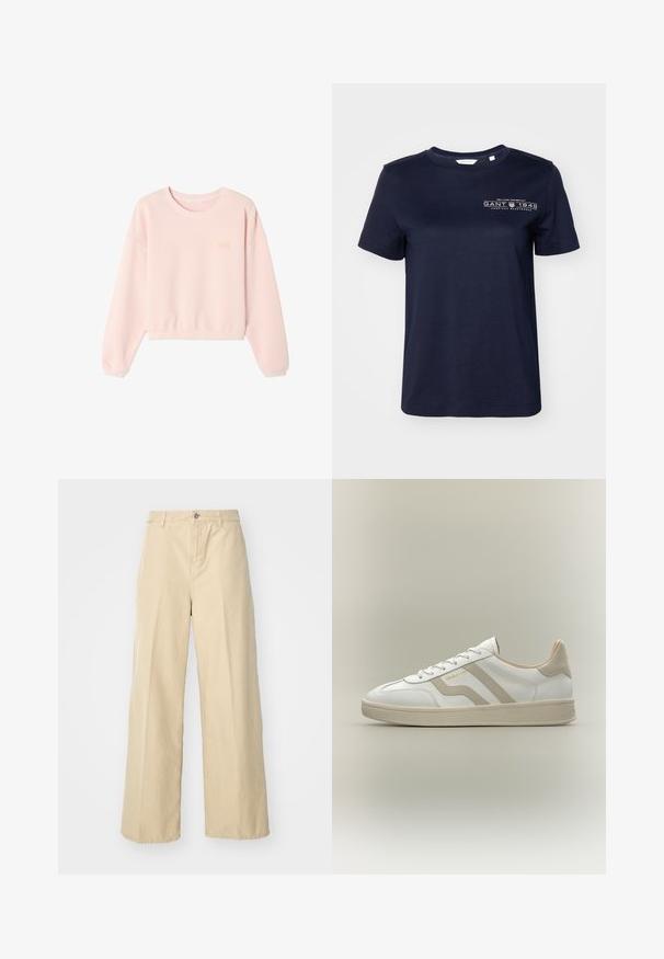 Sudadera corta de color rosa claro con textura de canalé, cuello redondo y puños elásticos ajustados. Branding sutil en el pecho. Tejido suave.; Camiseta de algodón azul marino de mangas cortas, con cuello redondo y un logo impreso que presenta "GANT 1949" en el lado izquierdo del pecho. Textura suave.; Pantalones de pierna ancha beige confeccionados en algodón, con cierre frontal de botón, trabillas para cinturón y una tela texturizada.; Zapatilla blanca de caña baja con detalles beige, cordones y suela texturizada, con el nombre de la marca "GANT" en el lateral.