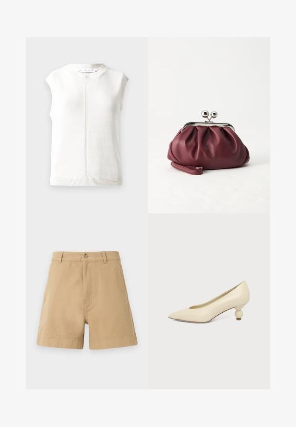 Top en tricot sans manches blanc avec un col rond, un ourlet côtelé et un tissu texturé. Présente un détail de couture central courant verticalement.; Shorts beige en coton, avec un design classique, fermeture à bouton à l'avant et passants de ceinture. Texture lisse avec poches latérales.; Chaussure femme couleur crème à bout pointu avec un petit talon rond en forme de boule, sur fond uni.; Petit sac pochette en cuir bordeaux avec fermoir métallique argenté et bracelet sur fond blanc.