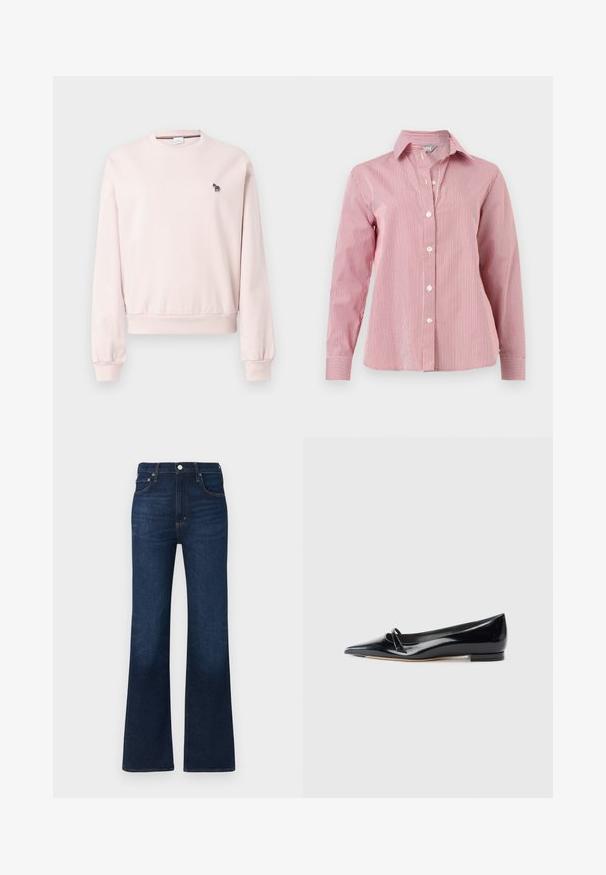 Lyserød sweatshirt med rund hals lavet af blødt materiale, med ribbede manchetter og kant. Inkluderer en lille sort-hvid zebra broderi på brystet.; Langærmet rød og hvid skjorte med lodrette striber, knapper, krave og manchetter, vist fladt på en hvid baggrund.; Mørkeblå flared jeans lavet af denim, med høj talje, fem-lomme-design og klassiske syningsdetaljer. Glat tekstur.; Sorte patentlæder flade sko med spids tå, lille dekorativ rem og lav blokhæl. Glat tekstur og strømlinet design.