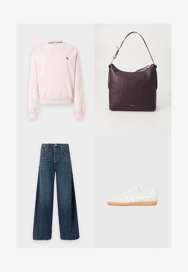 Roze sweatshirt met ronde hals gemaakt van zacht materiaal, met ribben aan de manchetten en onderkant. Bevat een klein zwart-wit zebra borduursel op de borst.; Donkere blauw wijde pijpen denim jeans met voorzakken, riemlussen en een knoopsluiting bij de taille, getoond op een effen achtergrond.; Witte sneakers met een bovenwerk van suede en leer, voorzien van een rubberen gumzool, gestikte accenten en een minimalistisch ontwerp.; Paarse leren handtas met een gestructureerde afwerking, een enkele verstelbare schouderband, een gouden rits en een logo dat op de voorkant is gedrukt.